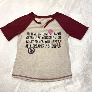 JUSTICE GIRLS JERSEY~SIZE 6~PEACE SIGN, HEART, “BELIEVE IN LOVE, LAUGH OFTEN”